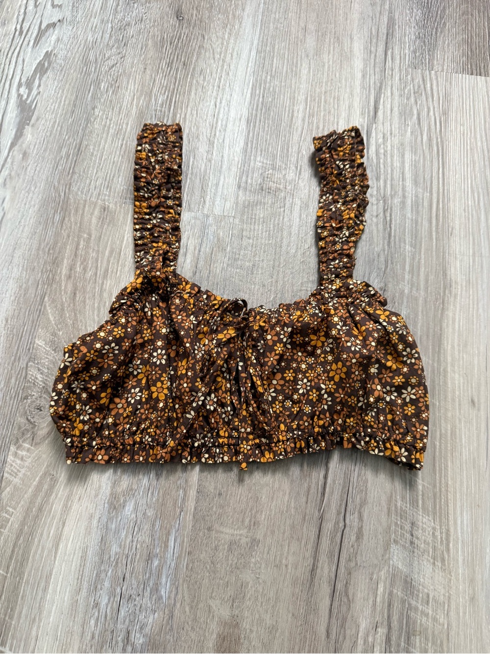 Garage Brown Floral Smocked Crop Top with Mustard & Cream Flowers